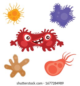 red bacterium is surrounded by multi-colored viruses, cartoon style, isolated object on a white background, vector illustration, eps