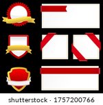 Red badge and blank cards with ribbon.Vector illustration of red and golden tag with corner ribbons.