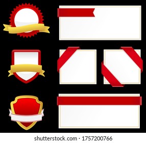 Red badge and blank cards with ribbon.Vector illustration of red and golden tag with corner ribbons.