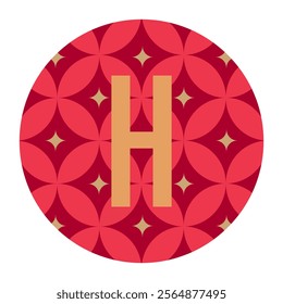 Red badge design inspired by floral geometry, featuring a prominent gold ‘H’ letter. A striking visual element for unique branding, modern logos, and digital artworks.