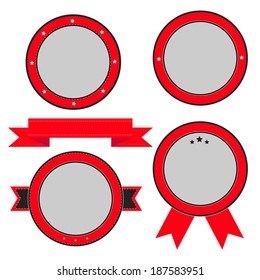 Red  badge and label set with ribbon and stars. Empty templates. Vector illustration.