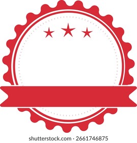 Red Badge Label Vector with Ribbon and Stars Isolated on White Background