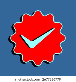 Insignia roja con la marca de verificación azul claro y el borde ondulado en fondo azul, ideal para la Aprobación, el Estado del éxito, la certificación, y el diseño de interfaz digital