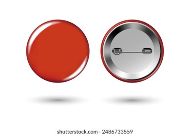 Red badge mockup. Round badge button brooch. Realistic red blank glossy round button badge pin with metal back cover. Vector illustration.