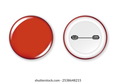 Red badge mockup. Round badge button brooch. Realistic red blank glossy round button badge pin with plastic back cover. Vector illustration.