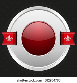 Red badge with silver border and ribbon on black background
