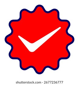 Red badge with white check mark and wavy border on blue outline, ideal for approval, certification, success status, and digital interface confirmation