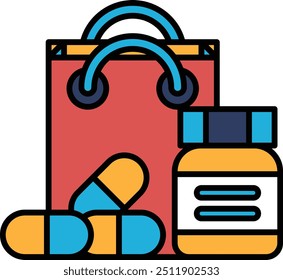 A red bag with a blue and yellow pill bottle inside. The pill bottle is next to a bunch of pills