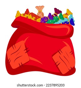 Red bag of candies with patches in wrapper. Vector illustration. Cartoon style