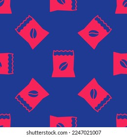 Red Bag of coffee beans icon isolated seamless pattern on blue background.  Vector