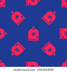 Red Bag of coffee beans icon isolated seamless pattern on blue background.  Vector