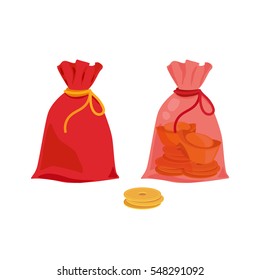 Red bag and coin isolated on white background.