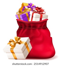 Bolsa roja llena de varias cajas de regalo de Navidad, colocadas sobre un fondo blanco.