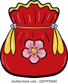 Red bag with flower sakura for Chinese New Year and golden coins