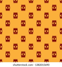 Red Bag of food for cat icon isolated seamless pattern on brown background. Food for animals. Pet food package. Vector Illustration