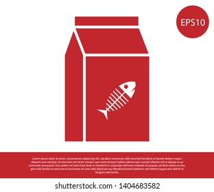 Red Bag of food for cat icon isolated on white background. Fish skeleton sign. Food for animals. Pet food package. Vector Illustration