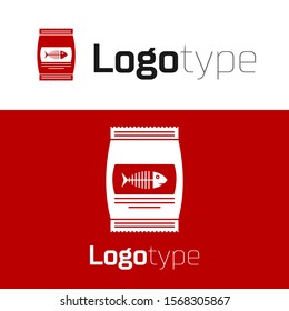 Red Bag of food for cat icon isolated on white background. Fish skeleton sign. Food for animals. Pet food package. Logo design template element. Vector Illustration