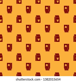 Red Bag of food for dog icon isolated seamless pattern on brown background. Food for animals. Pet food package. Vector Illustration