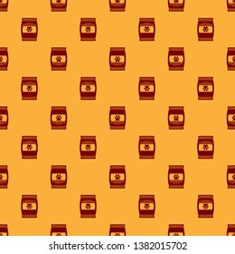 Red Bag of food for pet icon isolated seamless pattern on brown background. Food for animals. Pet food package. Dog or cat paw print. Vector Illustration