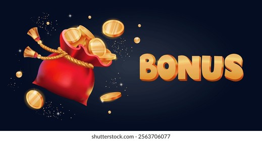 Red Bag With Gold Coins. Bonus. Horizontal Banner. Gift. 3d vector Illustration