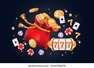 Red bag with gold coins. Bonus. Horizontal banner. Gift. cards, roulette, chips, casino. 