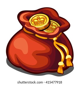 Red bag with gold coins. Vector illustration.