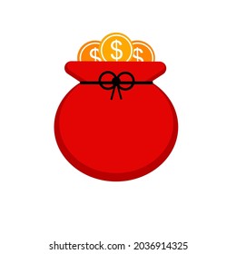 A red bag with golden coin on white background.