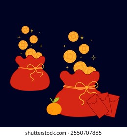 Red bag with golden coins, red envelope set of compositions on dark background. vector graphic illustration, Chinese New year symbol
