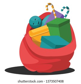 Red bag with lots of christmas gifts vector illustration on white background