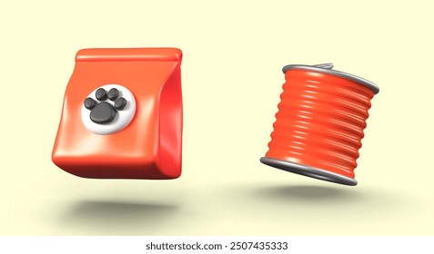 Red bag with paw print, aluminum closed can. Set of vector models of dry and wet feed