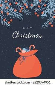 bolsa roja con regalos, nieve y ramas de pino. diseño de tarjetas navideñas