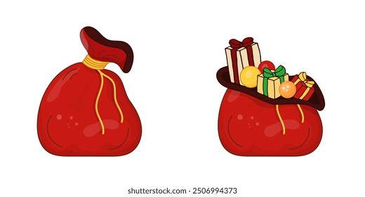 Red bag, sack with gifts vector illustration. New Year gifts in Santa Claus bag. Bag tied with rope and bag filled with gift boxes. Design element for cards, posters, banners New Year and Christmas.