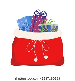 Red bag Santa Claus. Large sack holiday for gifts. Big bagful for New Year and Christmas vector