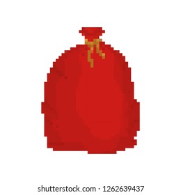 Red bag Santa Claus pixel art. 8bit Large sack holiday for gifts. Video game Big bagful for new year and Christmas 