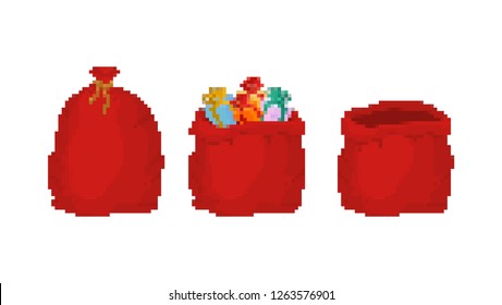 Red bag Santa Claus pixel art set. 8bit Large sack holiday for gifts. Video game Big bagful for new year and Christmas - Vector

