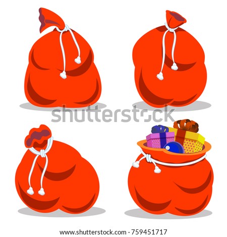 Red bag Santa Claus set. Large sack holiday for gifts. Big bagful for new year and Christmas