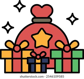 A red bag with a star on it is filled with presents. The bag is surrounded by three boxes, each with a different color. Concept of joy and excitement, as if someone is about to open a special gift