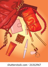 Red bag with typical woman things and accessories