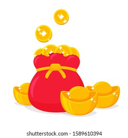 Red bag vector containing a lot of Chinese money. The money bag is a symbol of wealth.