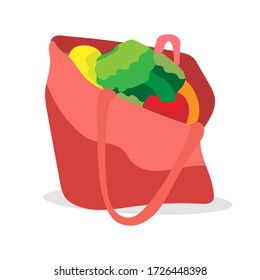 Red bag with vegetables. Shopping at the supermarket or grocery store. Zero Waste (Say no to plastic). Online grocery ordering concept. Vector illustration in flat style, isolated on white background.