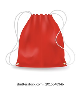 Red bag with white drawstring isolated on white background. Sack in realistic style. Vector Illustration of sport pouch.