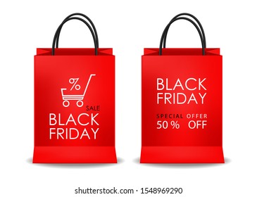 Red bags set, black friday sale, isolated object, vector illustration