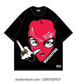 red balaclava with hand gesture design tshirt for streetwear style and brand