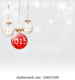 Red ball 2015 and snowflakes in gray bokeh background. Vector EPS10.