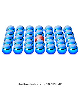 Red ball among dark blue balls on a white background 