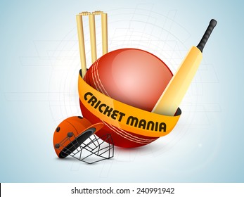 Red ball with bat, helmet and wicket stumps on hi-tech background for Cricket Mania.