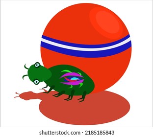 A red ball with blue and white stripes and a green exotic beetle. This illustration can be used as a logotype for creative organizations. Vector illustration, isolated.