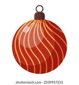 Decoração de árvore de Natal bola vermelha. Brinquedo de vidro sazonal vintage antiquado suspenso em cadarços para planta de abeto de Natal para férias de inverno tradicionais. Ilustração de vetor de desenhos animados.