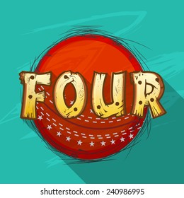 Red ball with creative text Four for shot in Cricket match on stylish green background. 