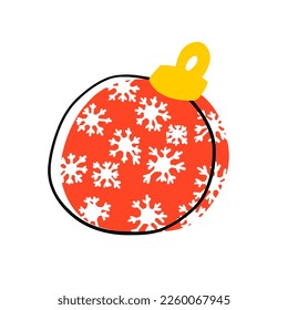 Red ball hanging toy. Merry Christmas and Happy New Year. Vector illustration of tree decoration in cartoon flat style isolated on white background